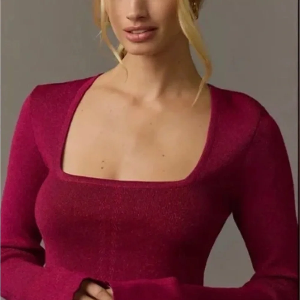 Maeve by Anthropologie NWT Square Neck Bell Sleeve Sweater Raspberry Sparkle - Picture 3 of 9